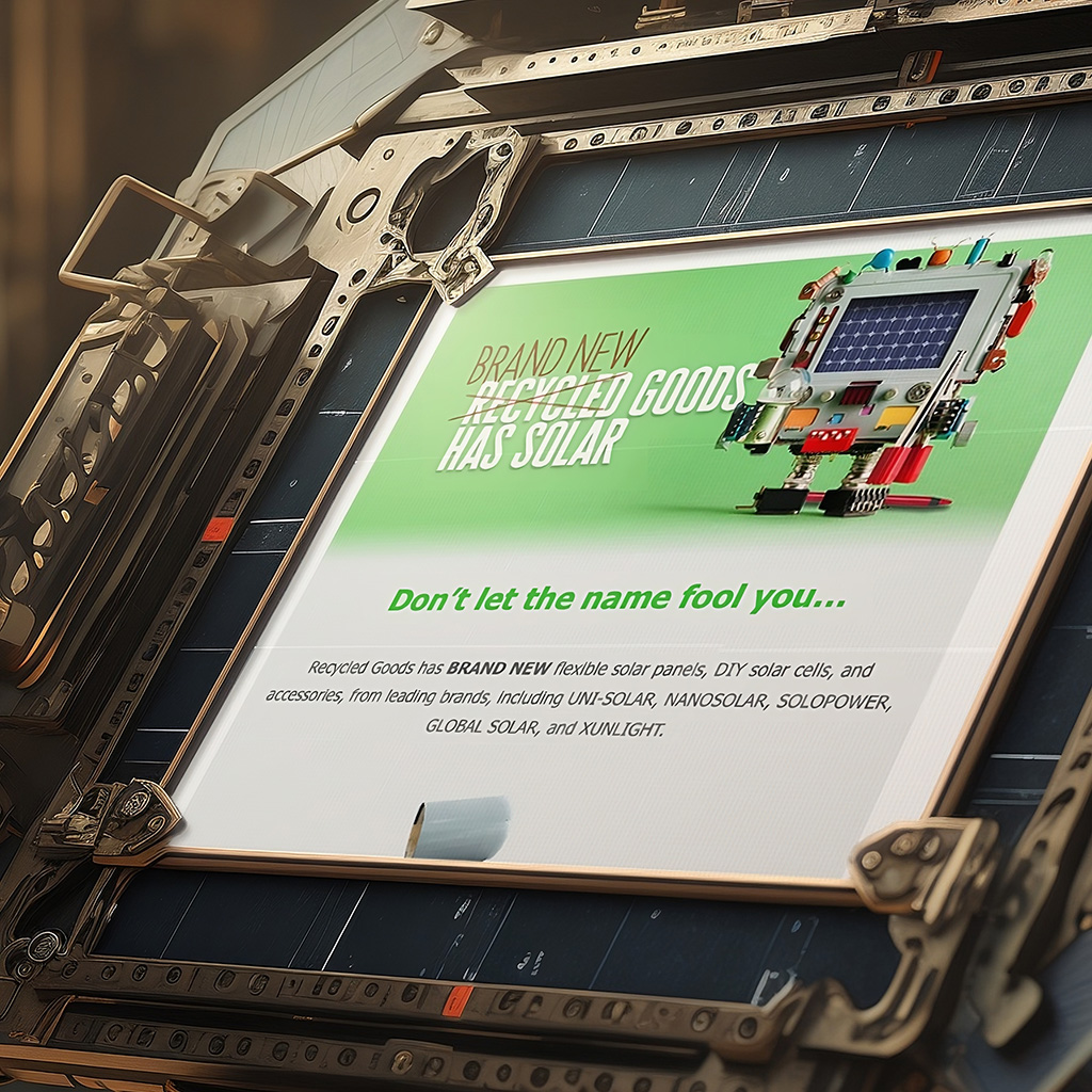 Steampunk retro computer display announcing Recycled Goods' new flexible solar panels, a novel addition to their recycled inventory.