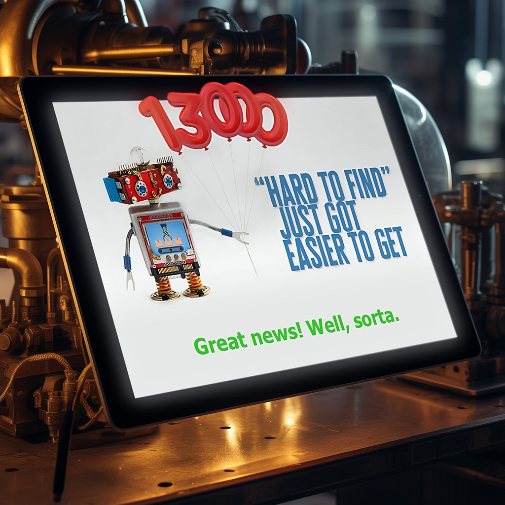 Industrial steampunk-themed computer display with a robot holding balloons spelling '13,000', symbolizing Recycled Goods' vast inventory growth to more than 13,000 items.