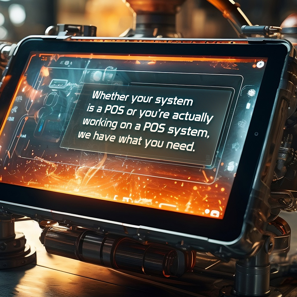 Futuristic sci-fi style monitor displaying a witty quote from the campaign: 'Whether your system is a POS or you’re working on a POS system, we have what you need.'