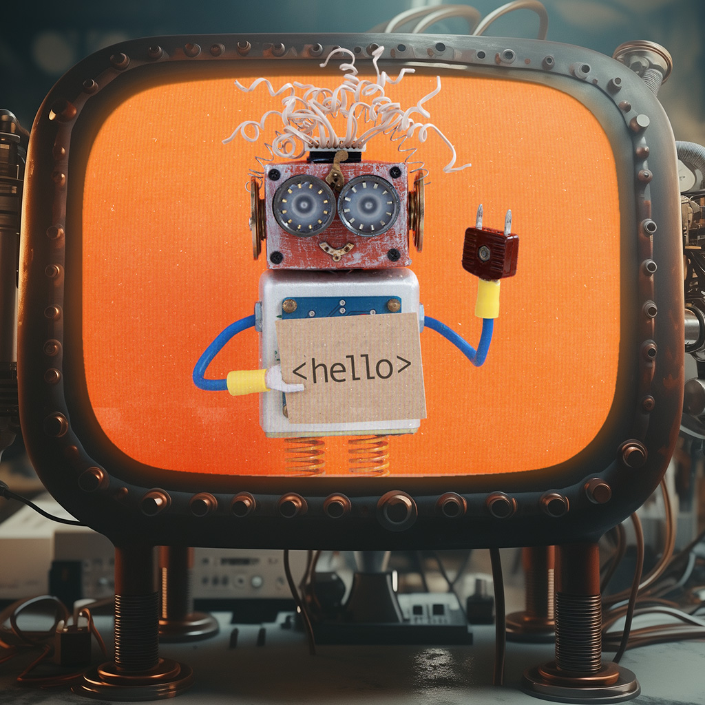 Cheerful robot emerging from a steampunk retro computer, greeting with a sign saying 'hello', blending technology with charm.