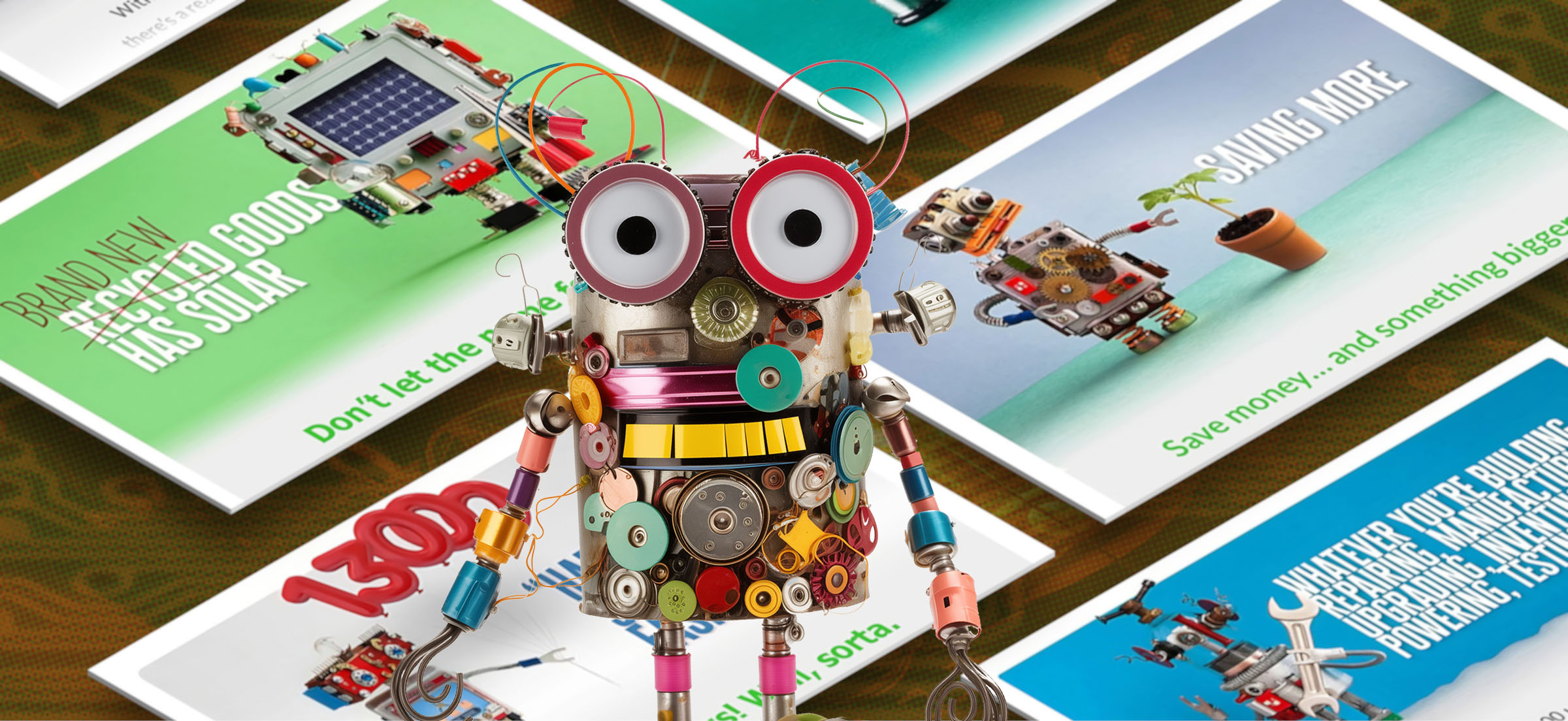 A friendly robot assembled from various parts in front of diverse email campaign graphics.